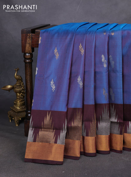 Pure uppada silk saree dual shade blue and coffee brown with allover silver & zari woven buttas and long temple zari woven border