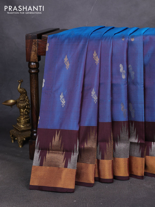 Pure uppada silk saree dual shade blue and coffee brown with allover silver & zari woven buttas and long temple zari woven border