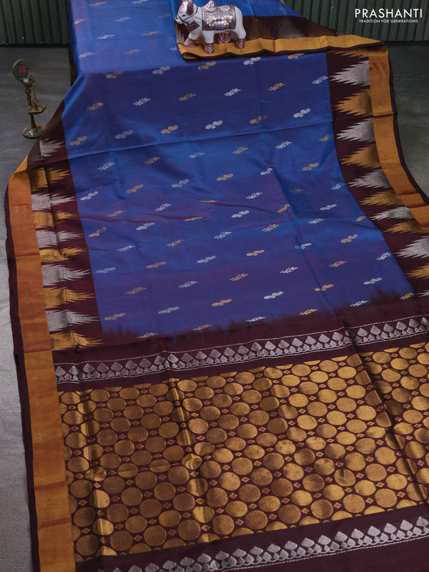 Pure uppada silk saree dual shade blue and coffee brown with allover silver & zari woven buttas and long temple zari woven border