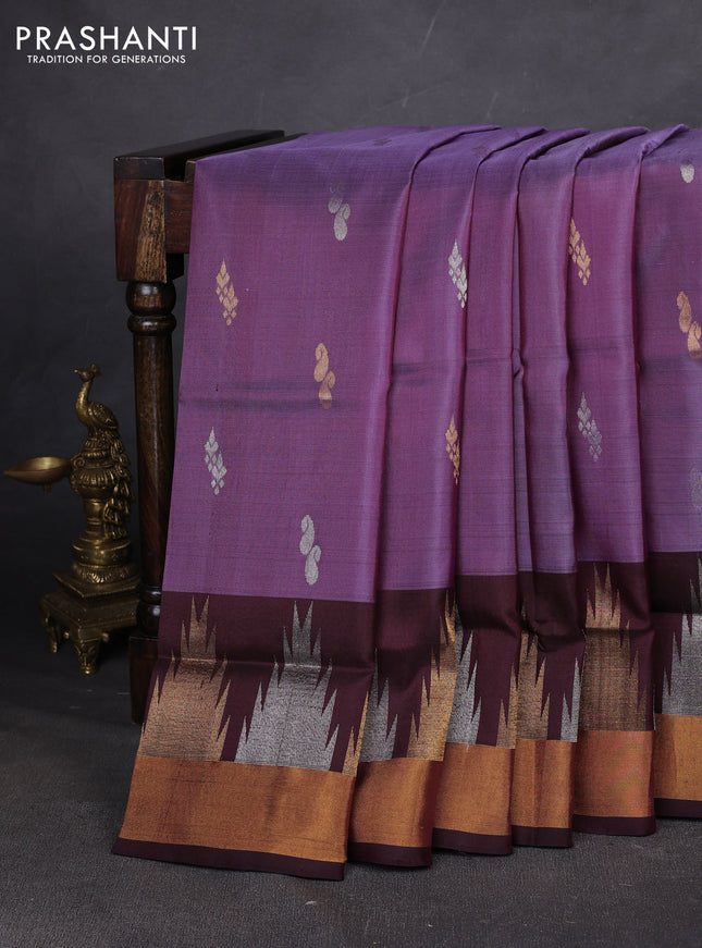 Pure uppada silk saree dual shade of maroon and coffee brown with allover silver & zari woven buttas and long temple zari woven border