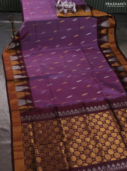 Pure uppada silk saree dual shade of maroon and coffee brown with allover silver & zari woven buttas and long temple zari woven border