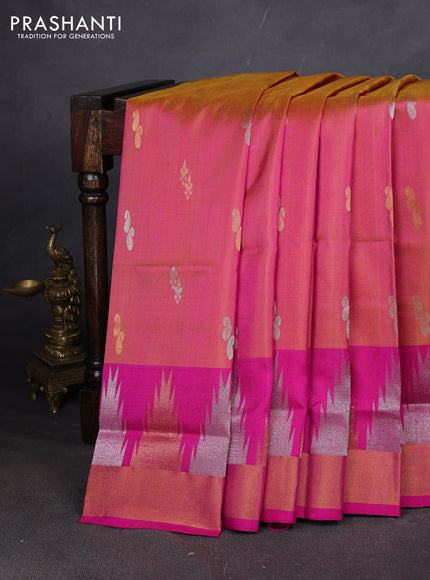 Pure uppada silk saree dual shade of pinkish orange and pink with allover silver & zari woven buttas and long temple zari woven border
