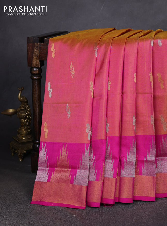 Pure uppada silk saree dual shade of pinkish orange and pink with allover silver & zari woven buttas and long temple zari woven border