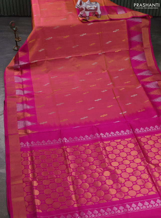 Pure uppada silk saree dual shade of pinkish orange and pink with allover silver & zari woven buttas and long temple zari woven border