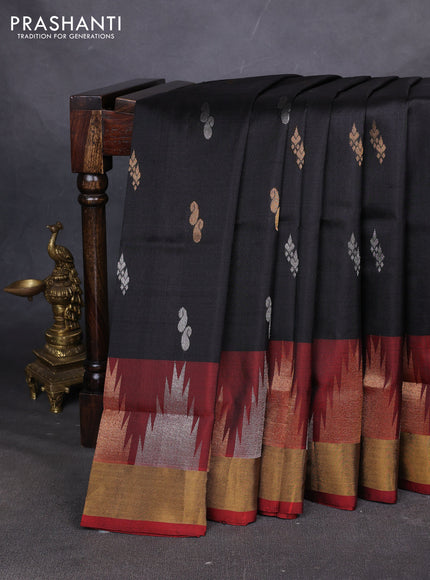 Pure uppada silk saree black and orange with allover silver & zari woven buttas and long temple zari woven border