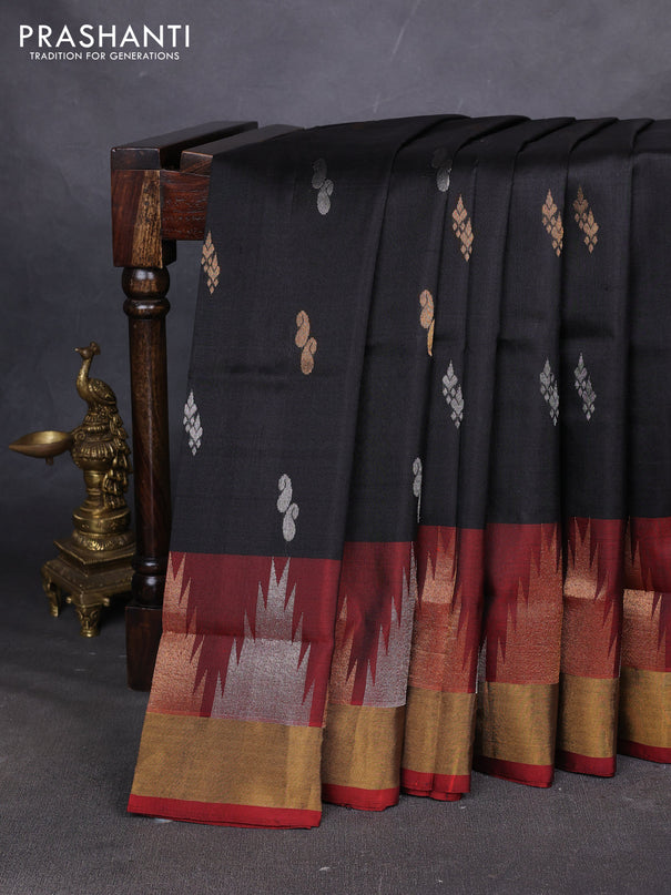 Pure uppada silk saree black and orange with allover silver & zari woven buttas and long temple zari woven border
