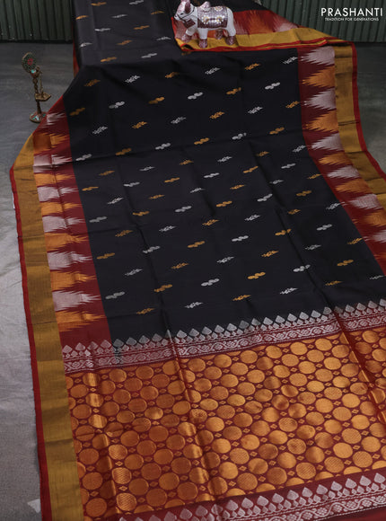 Pure uppada silk saree black and orange with allover silver & zari woven buttas and long temple zari woven border