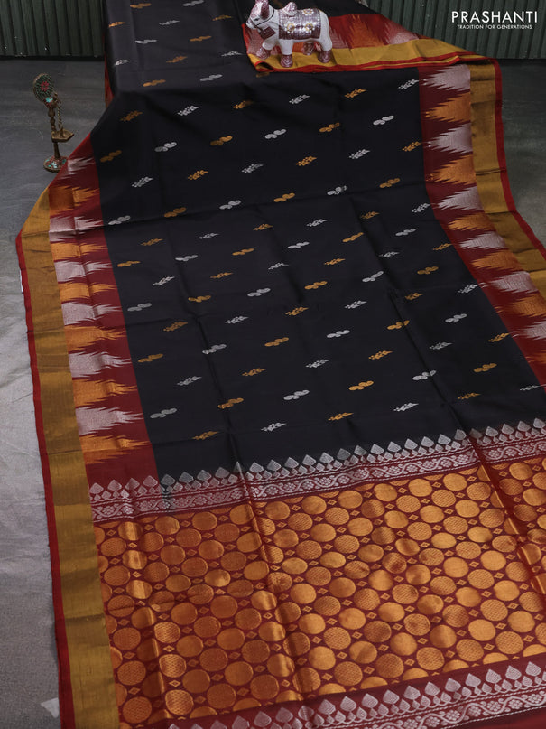 Pure uppada silk saree black and orange with allover silver & zari woven buttas and long temple zari woven border