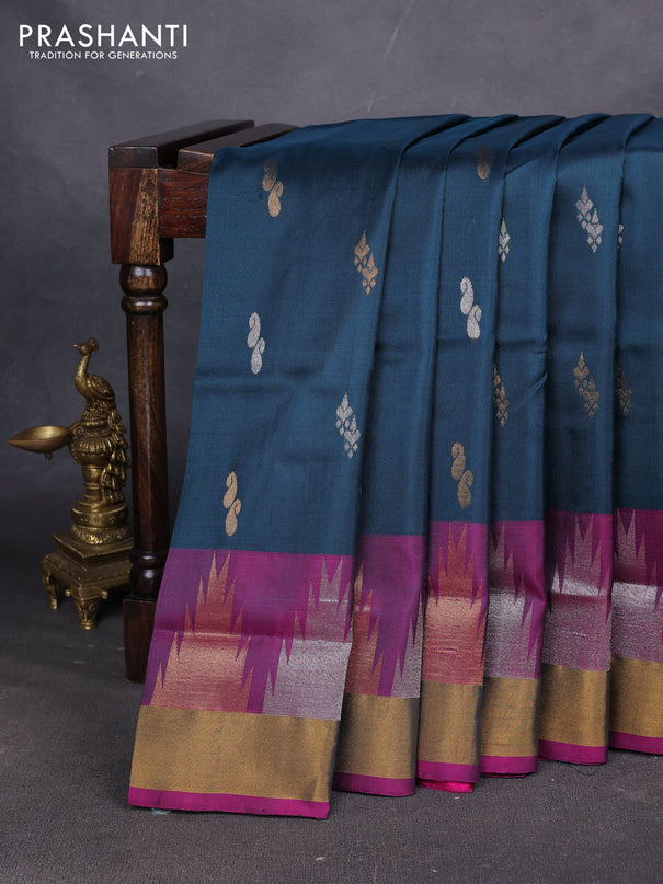 Pure uppada silk saree peacock green and purple with allover silver & zari woven buttas and long temple zari woven border