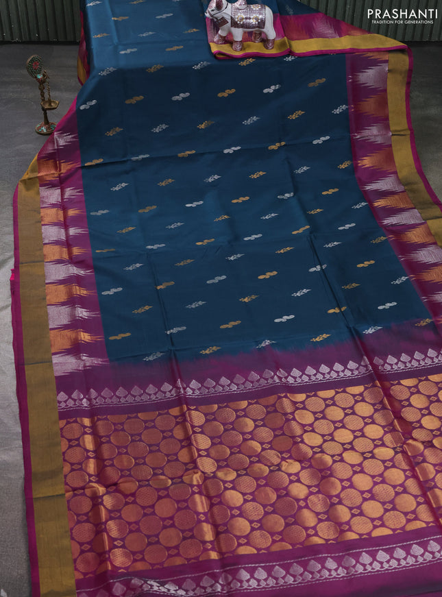 Pure uppada silk saree peacock green and purple with allover silver & zari woven buttas and long temple zari woven border