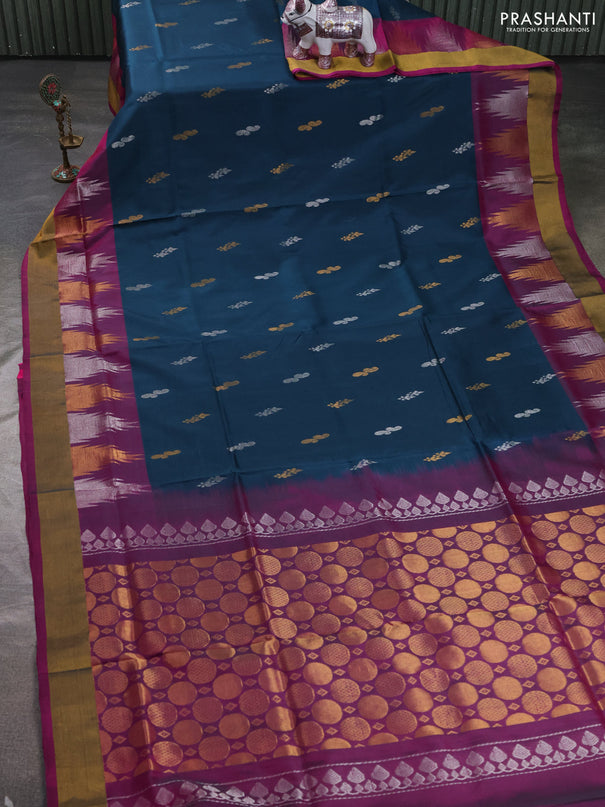 Pure uppada silk saree peacock green and purple with allover silver & zari woven buttas and long temple zari woven border