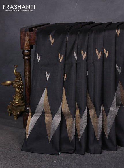 Pure uppada silk saree black with allover silver & zari woven buttas and long zari zigzag border