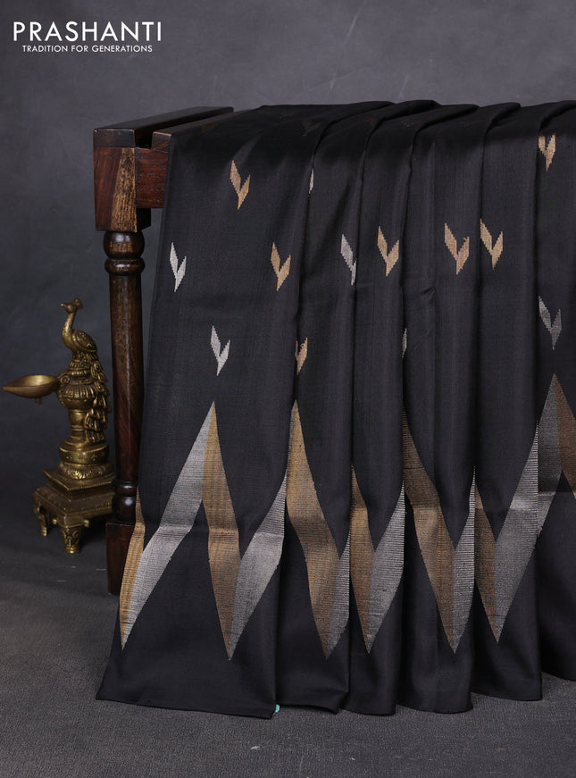 Pure uppada silk saree black with allover silver & zari woven buttas and long zari zigzag border