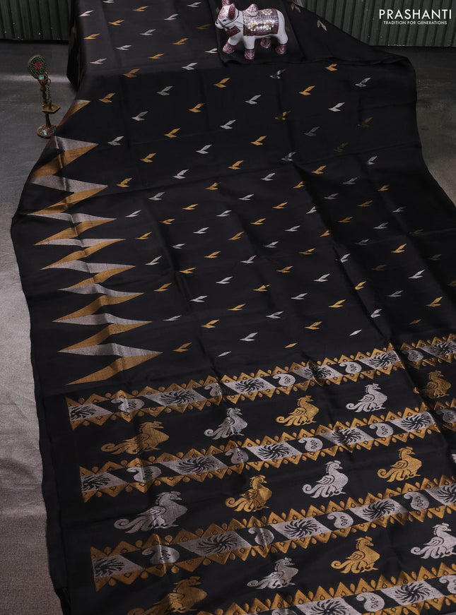 Pure uppada silk saree black with allover silver & zari woven buttas and long zari zigzag border