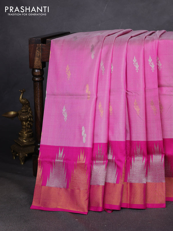 Pure uppada silk saree light pink and pink with allover silver & zari woven buttas and long temple zari woven border