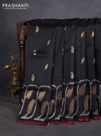 Pure uppada silk saree black and maroon with allover silver & zari woven buttas and long zari woven border