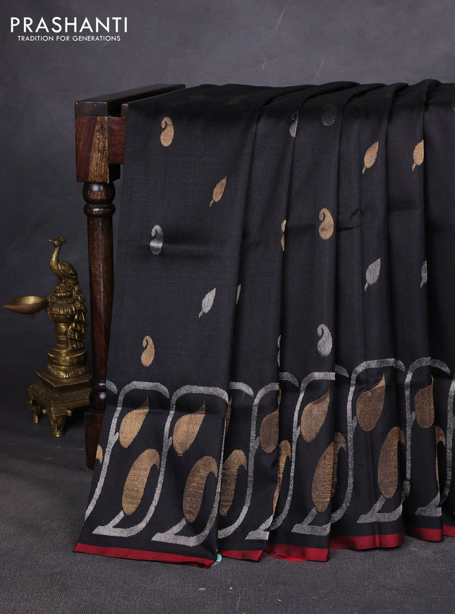 Pure uppada silk saree black and maroon with allover silver & zari woven buttas and long zari woven border