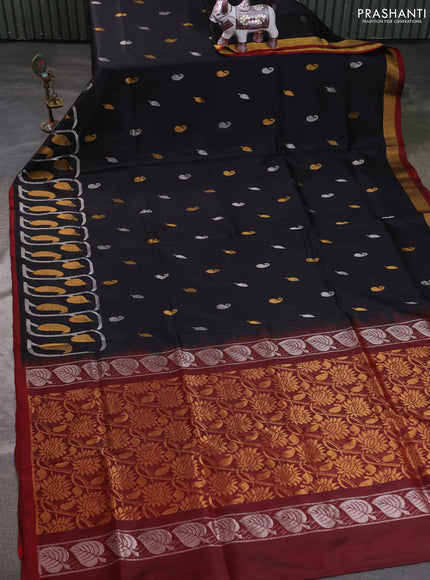 Pure uppada silk saree black and maroon with allover silver & zari woven buttas and long zari woven border