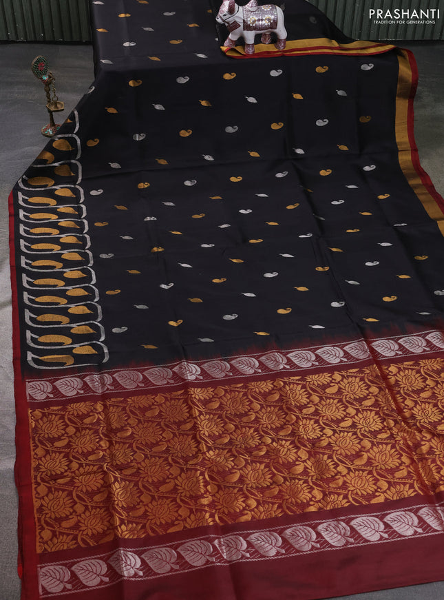 Pure uppada silk saree black and maroon with allover silver & zari woven buttas and long zari woven border
