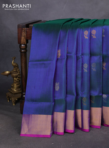 Pure uppada silk saree dual shade of bluish green and pink with allover annam & floral zari woven buttas and zari woven border
