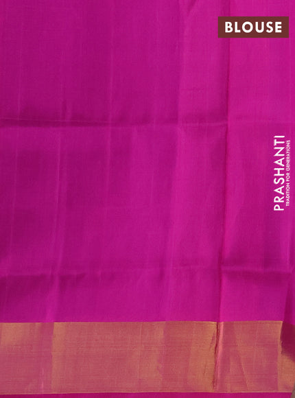 Pure uppada silk saree dual shade of bluish green and pink with allover annam & floral zari woven buttas and zari woven border