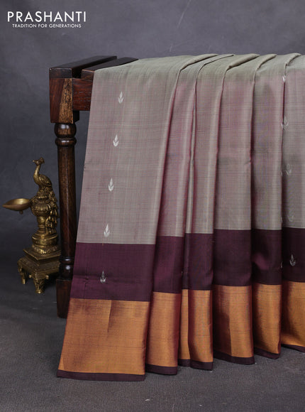 Pure uppada silk saree elachi green and coffee brown with allover silver & zari woven buttas and long zari woven butta border