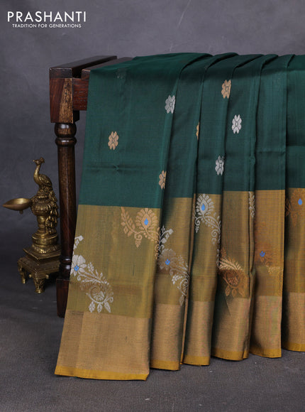 Pure uppada silk saree bottle green and mustard yellow with allover silver & zari woven buttas and long zari woven butta border