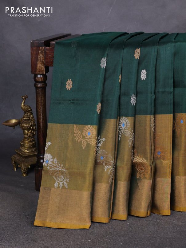 Pure uppada silk saree bottle green and mustard yellow with allover silver & zari woven buttas and long zari woven butta border
