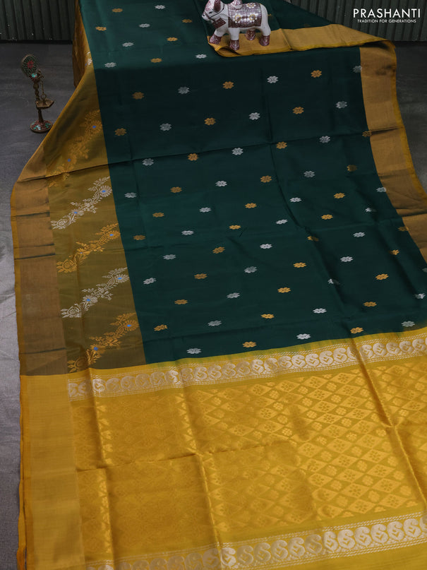 Pure uppada silk saree bottle green and mustard yellow with allover silver & zari woven buttas and long zari woven butta border