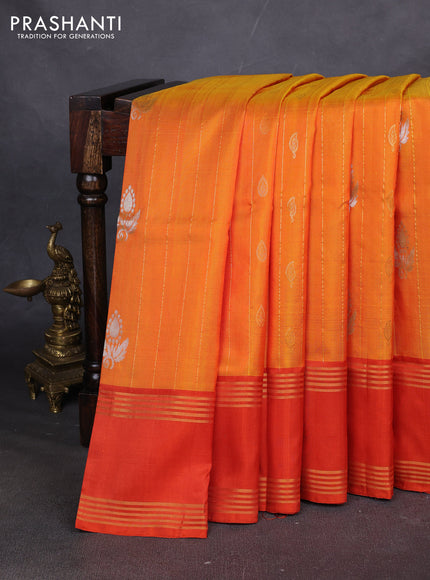 Pure uppada silk saree mustard yellow and orange with allover zari stripe & buttas and long rettapet zari woven border