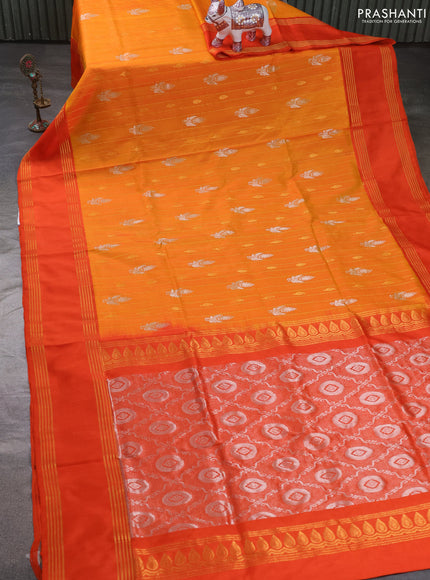 Pure uppada silk saree mustard yellow and orange with allover zari stripe & buttas and long rettapet zari woven border