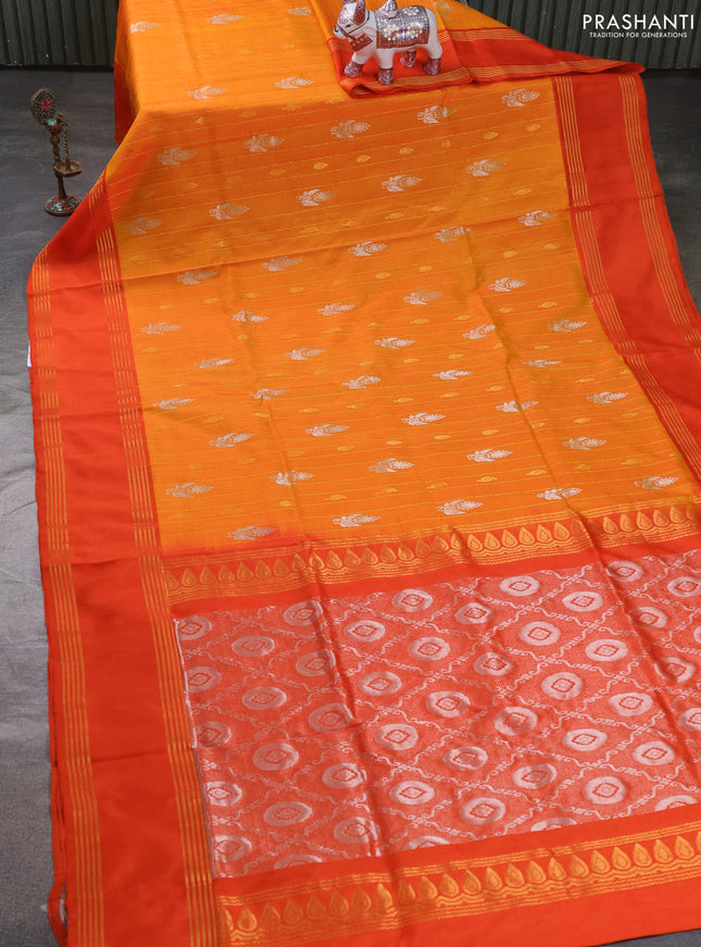 Pure uppada silk saree mustard yellow and orange with allover zari stripe & buttas and long rettapet zari woven border