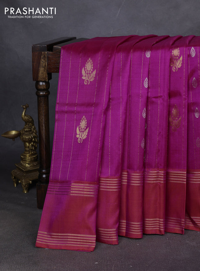 Pure uppada silk saree pink and orange with allover zari stripe & buttas and long rettapet zari woven border