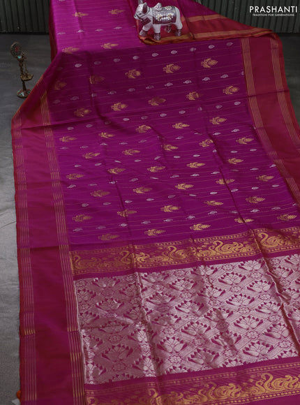 Pure uppada silk saree pink and orange with allover zari stripe & buttas and long rettapet zari woven border