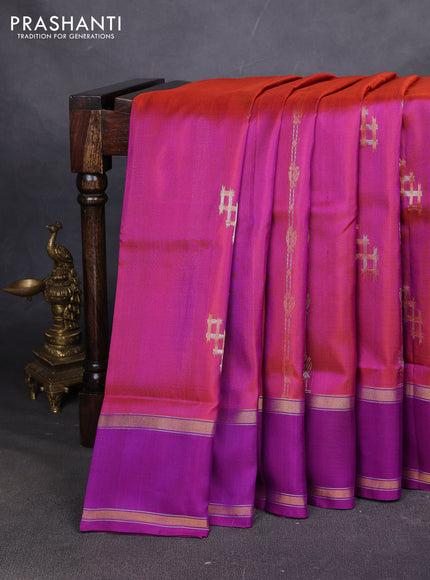 Pure uppada silk saree dual shade of maroon and purple with allover zari stripe & buttas and rettapet zari woven border