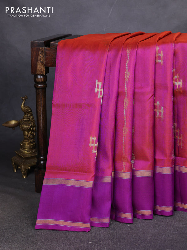 Pure uppada silk saree dual shade of maroon and purple with allover zari stripe & buttas and rettapet zari woven border