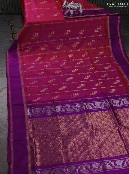 Pure uppada silk saree dual shade of maroon and purple with allover zari stripe & buttas and rettapet zari woven border