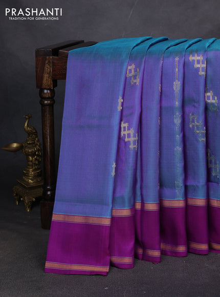 Pure uppada silk saree dual shade of blue and purple with allover zari stripe & buttas and rettapet zari woven border