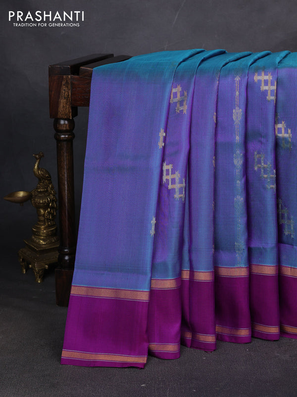 Pure uppada silk saree dual shade of blue and purple with allover zari stripe & buttas and rettapet zari woven border