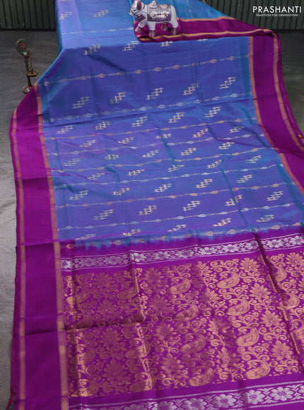 Pure uppada silk saree dual shade of blue and purple with allover zari stripe & buttas and rettapet zari woven border