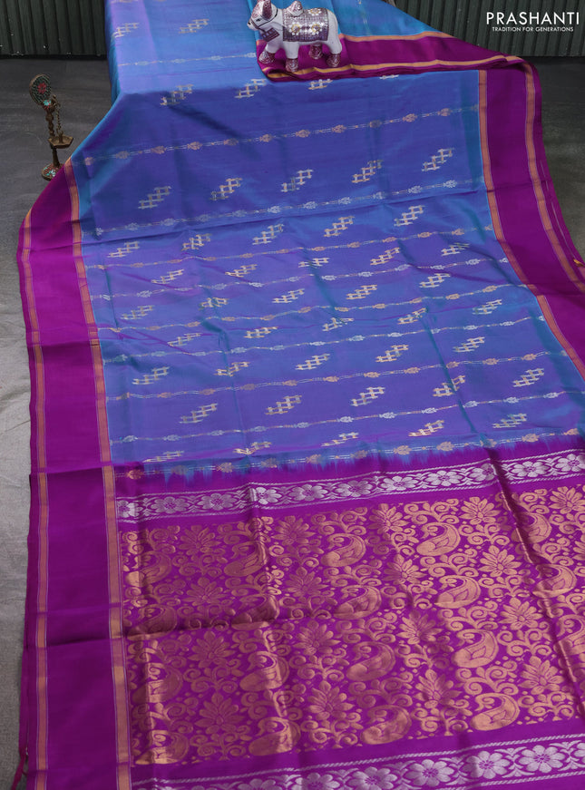 Pure uppada silk saree dual shade of blue and purple with allover zari stripe & buttas and rettapet zari woven border