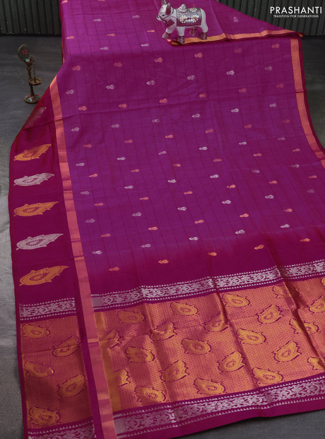 Pure uppada silk saree pink and dark pink with allover checks & buttas and zari woven butta border