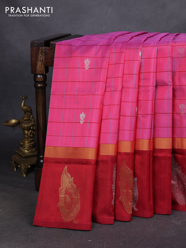 Pure uppada silk saree peach pink and maroon with allover checks & buttas and zari woven butta border