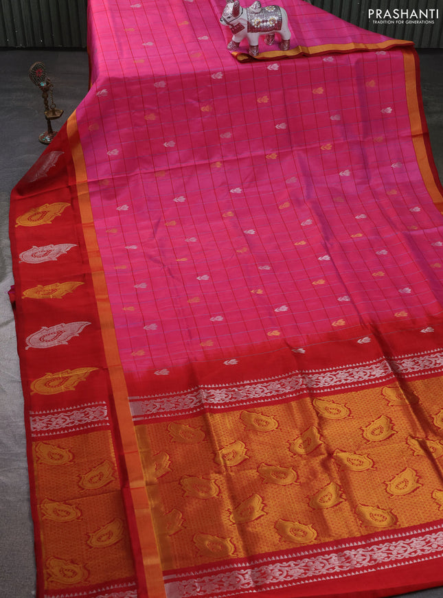 Pure uppada silk saree peach pink and maroon with allover checks & buttas and zari woven butta border