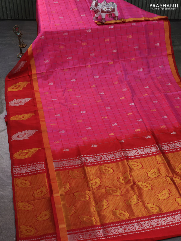 Pure uppada silk saree peach pink and maroon with allover checks & buttas and zari woven butta border