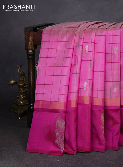 Pure uppada silk saree light pink and pink with allover checks & buttas and zari woven butta border