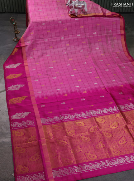 Pure uppada silk saree light pink and pink with allover checks & buttas and zari woven butta border