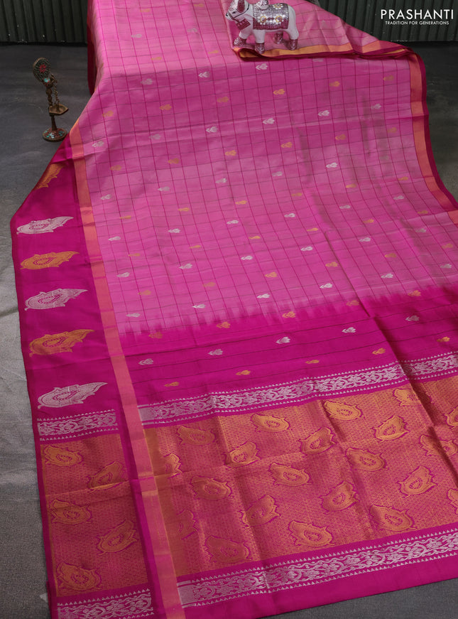 Pure uppada silk saree light pink and pink with allover checks & buttas and zari woven butta border