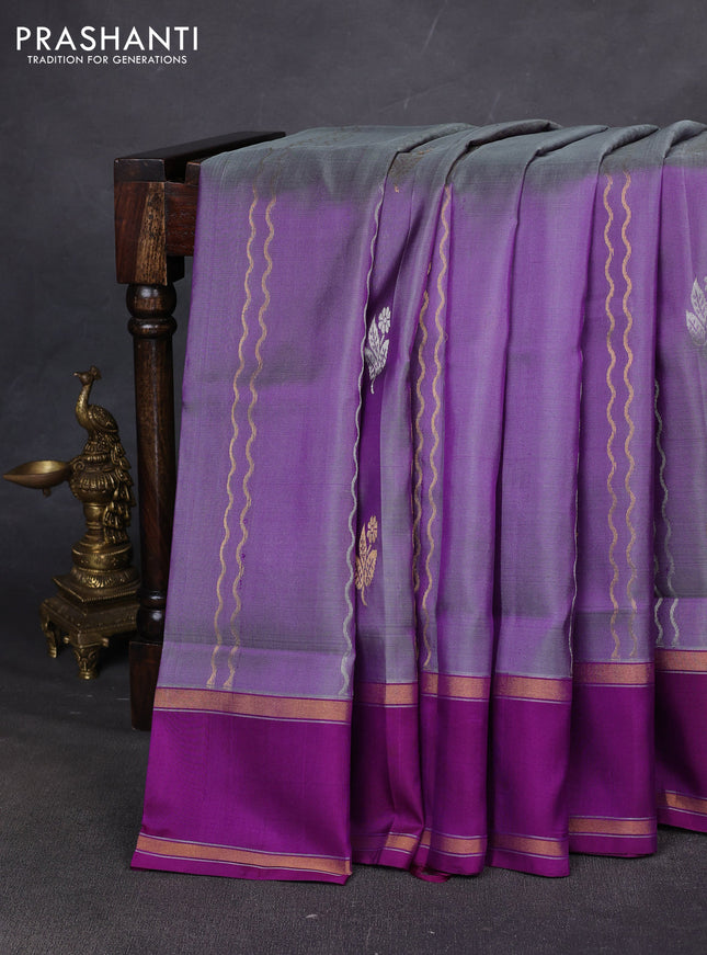 Pure uppada silk saree pastel purple and purple with allover zari stripe & butta and rettapet zari woven border
