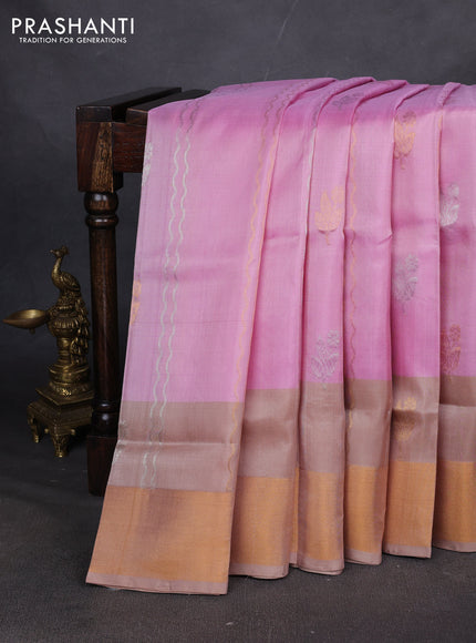 Pure uppada silk saree light pink and beige with allover zari stripe & butta and zari woven border